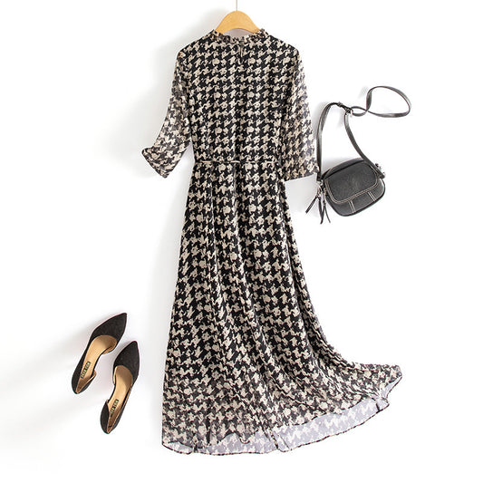 Women's Checkered Chiffon Mid-length Dress with Belt - ChoreGirl