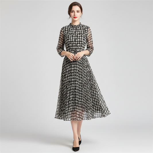Women's Checkered Chiffon Mid-length Dress with Belt