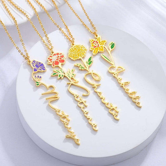 Women's Colored Personalized Birth Flower Stainless Steel Necklace - ChoreGirl