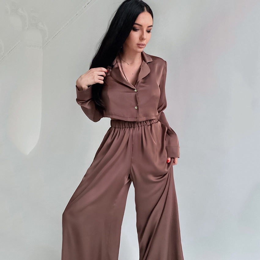 Women's Crop Top and Baggy Pants Ice Silk Pajamas Set - ChoreGirl