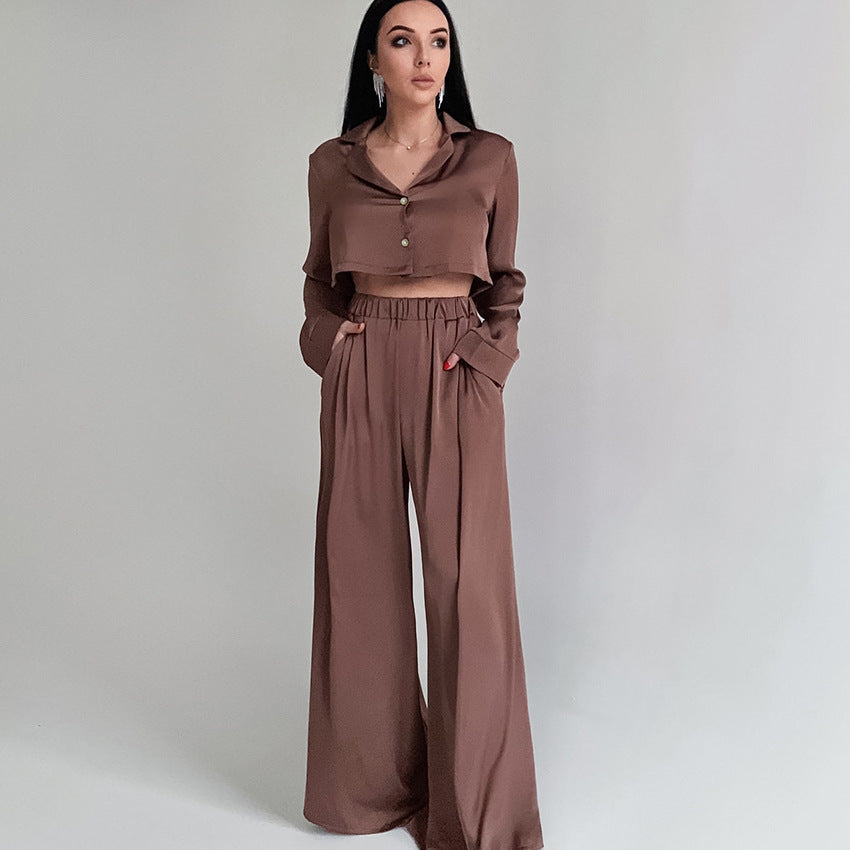 Women's Crop Top and Baggy Pants Ice Silk Pajamas Set - ChoreGirl