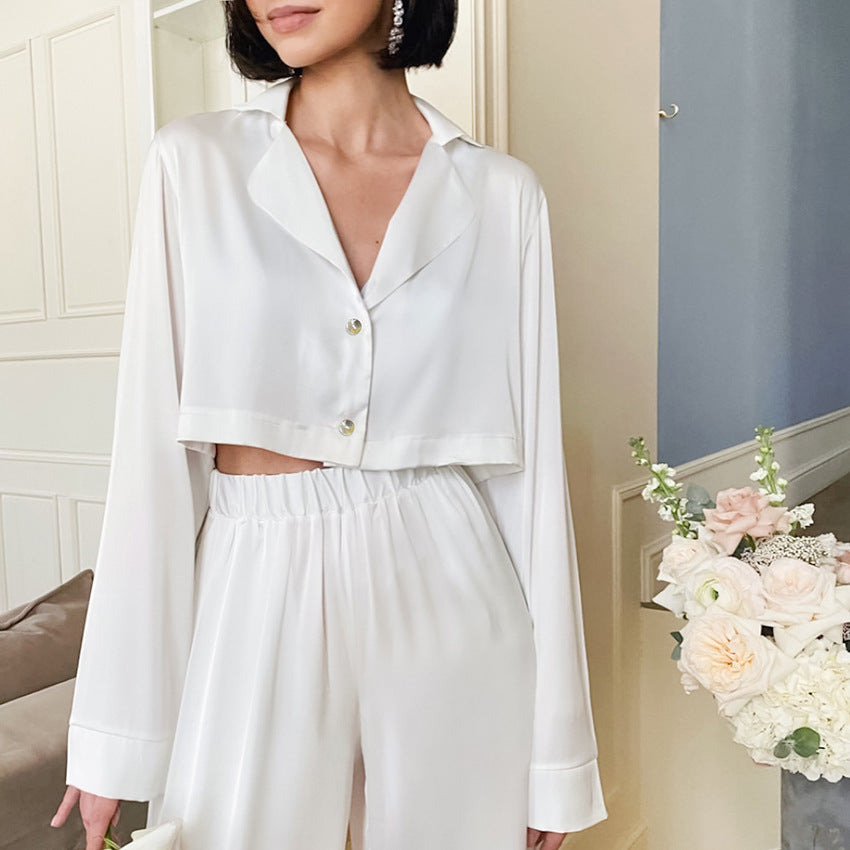 Women's Crop Top and Baggy Pants Ice Silk Pajamas Set - ChoreGirl