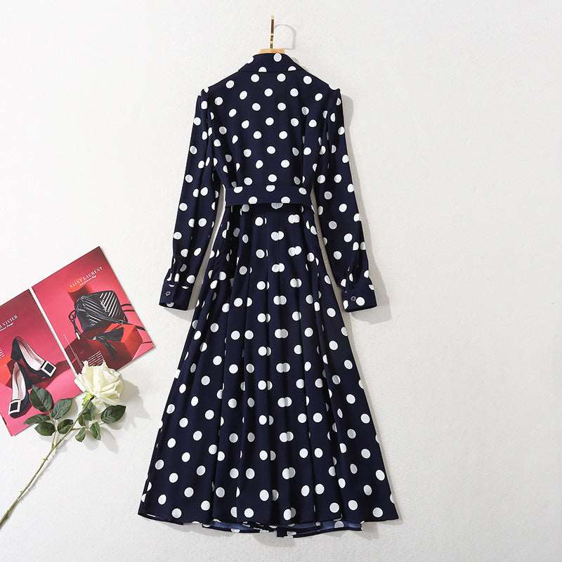 Women's Dark Blue Polka Dot Long Shirt Dress - ChoreGirl