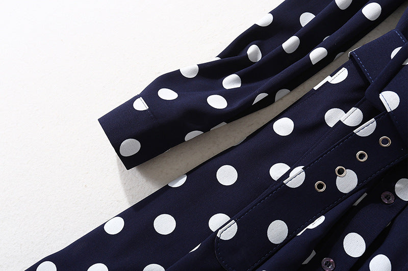 Women's Dark Blue Polka Dot Long Shirt Dress - ChoreGirl