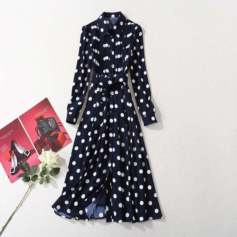 Women's Dark Blue Polka Dot Long Shirt Dress - ChoreGirl