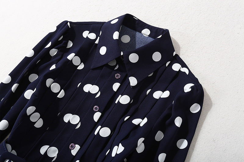 Women's Dark Blue Polka Dot Long Shirt Dress - ChoreGirl