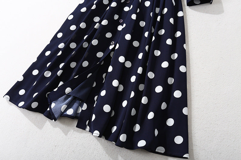 Women's Dark Blue Polka Dot Long Shirt Dress - ChoreGirl