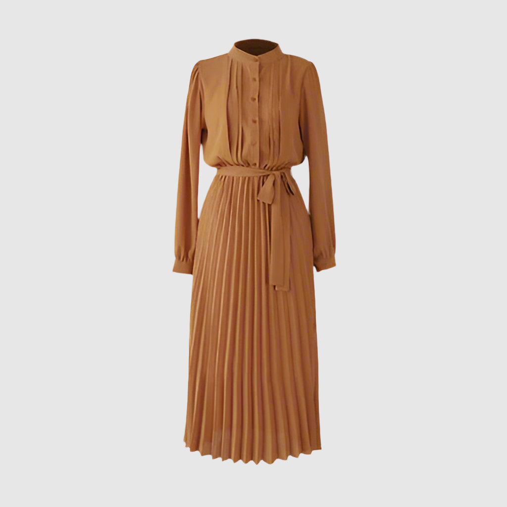 Women's Elegant Chiffon Long Sleeve Pleated Dress - ChoreGirl