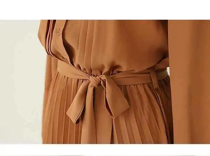Women's Elegant Chiffon Long Sleeve Pleated Dress - ChoreGirl