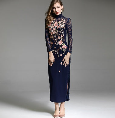Women's Elegant Embroidered Flower Midi Dress - ChoreGirl