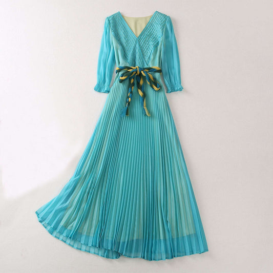 Women's Elegant French Runway Long Pleated Dress - ChoreGirl