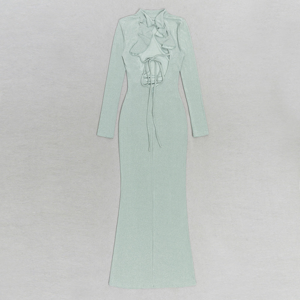 Women's Elegant High Neck Collar Long Sleeve Evening Dress - ChoreGirl