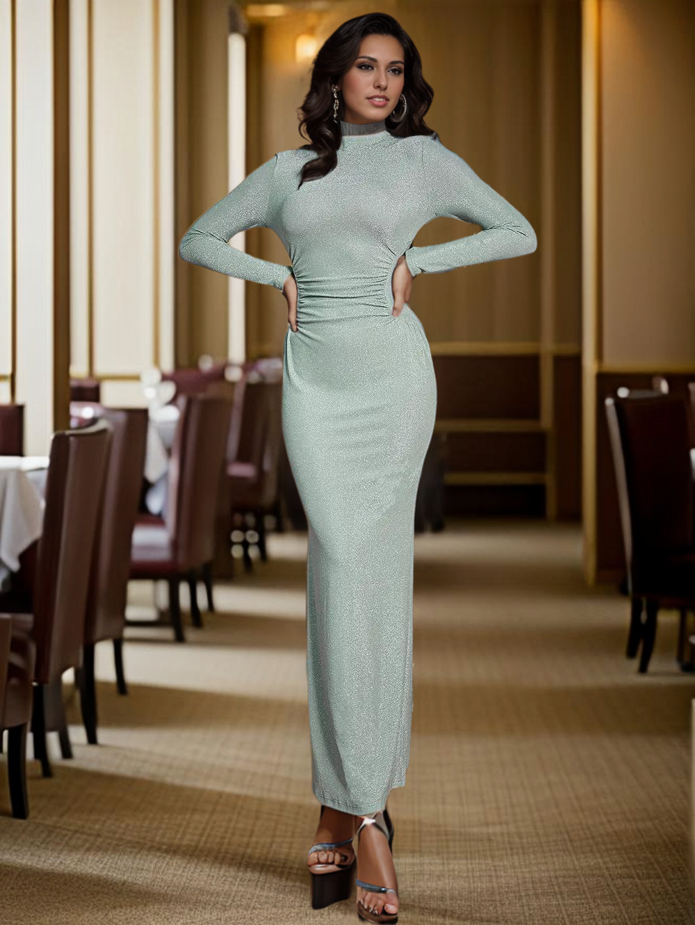 Women's Elegant High Neck Collar Long Sleeve Evening Dress - ChoreGirl