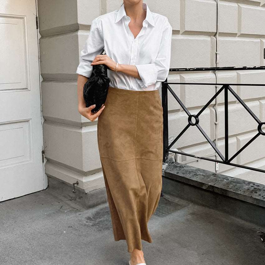 Women's Elegant Khaki High Waist Straight Long Suede Skirt - ChoreGirl