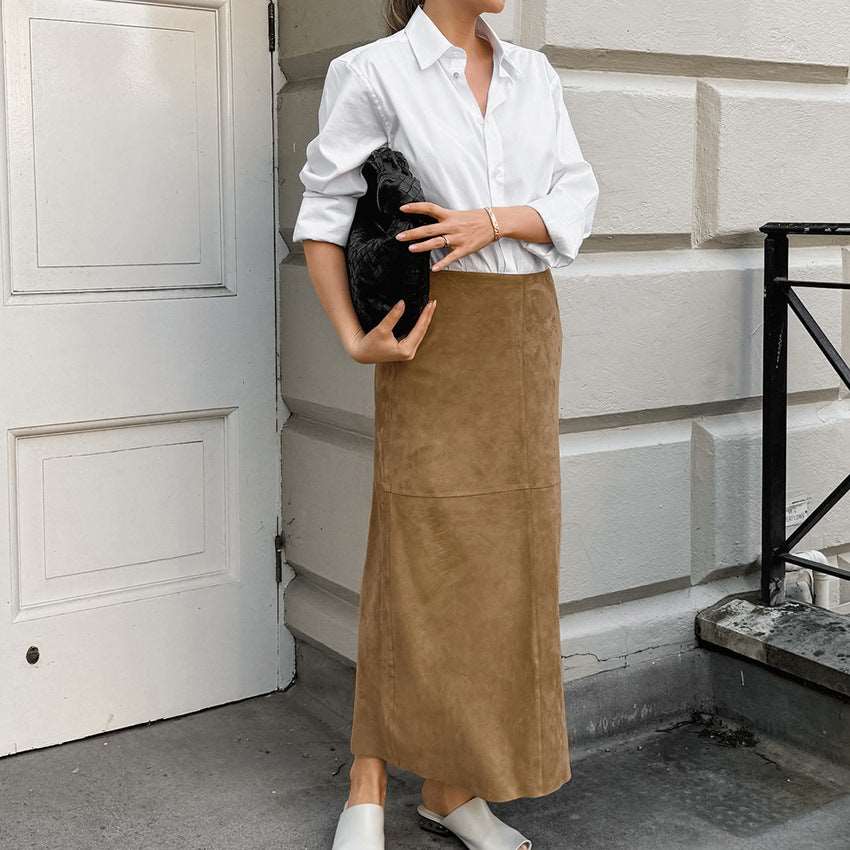 Women's Elegant Khaki High Waist Straight Long Suede Skirt - ChoreGirl
