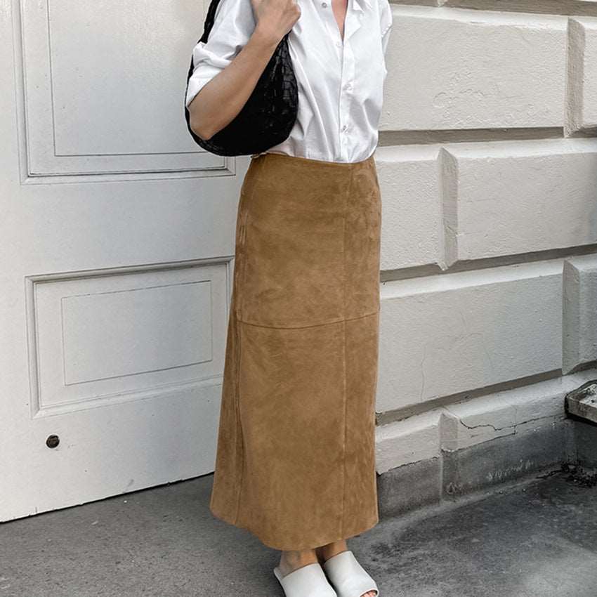 Women's Elegant Khaki High Waist Straight Long Suede Skirt - ChoreGirl