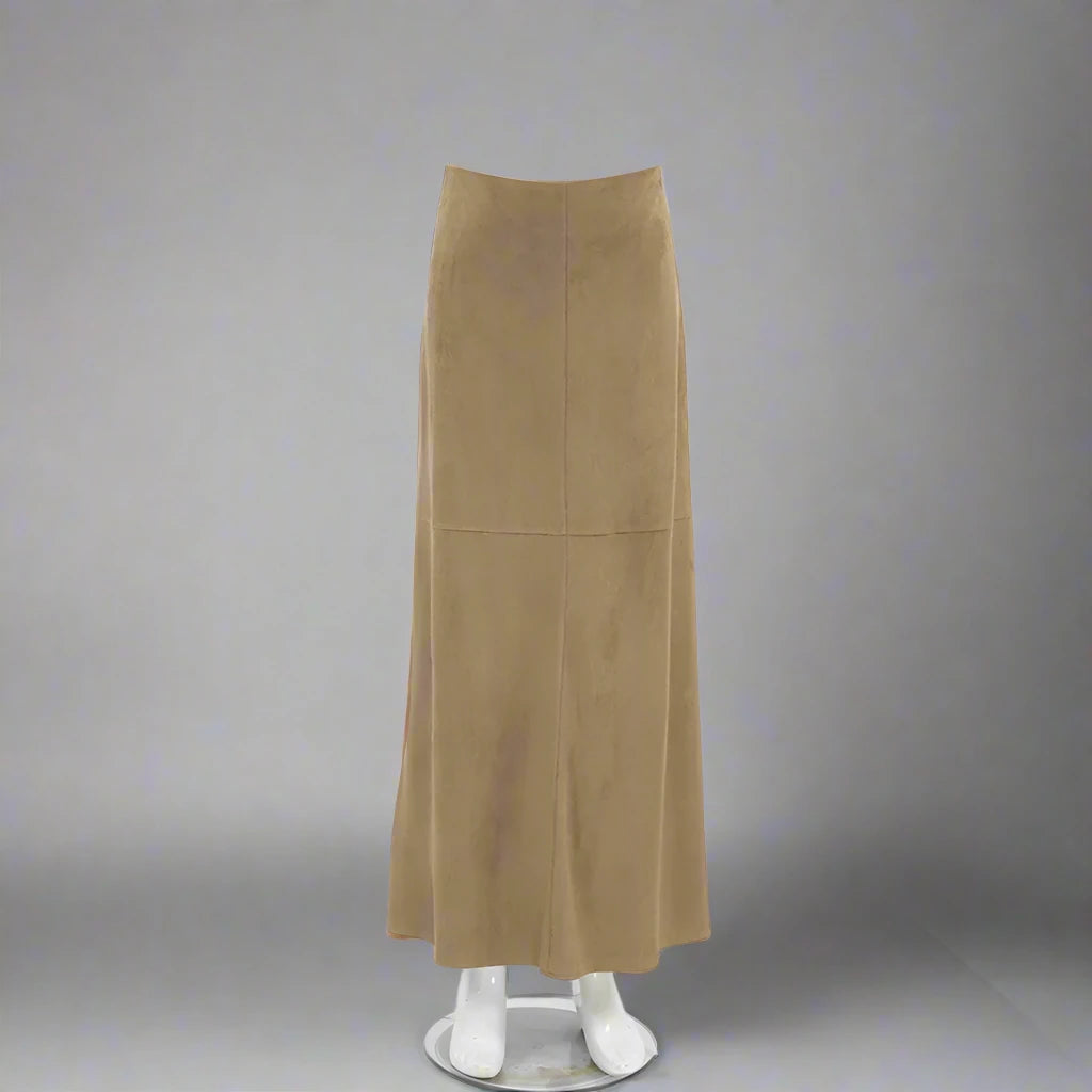 Women's Elegant Khaki High Waist Straight Long Suede Skirt - ChoreGirl