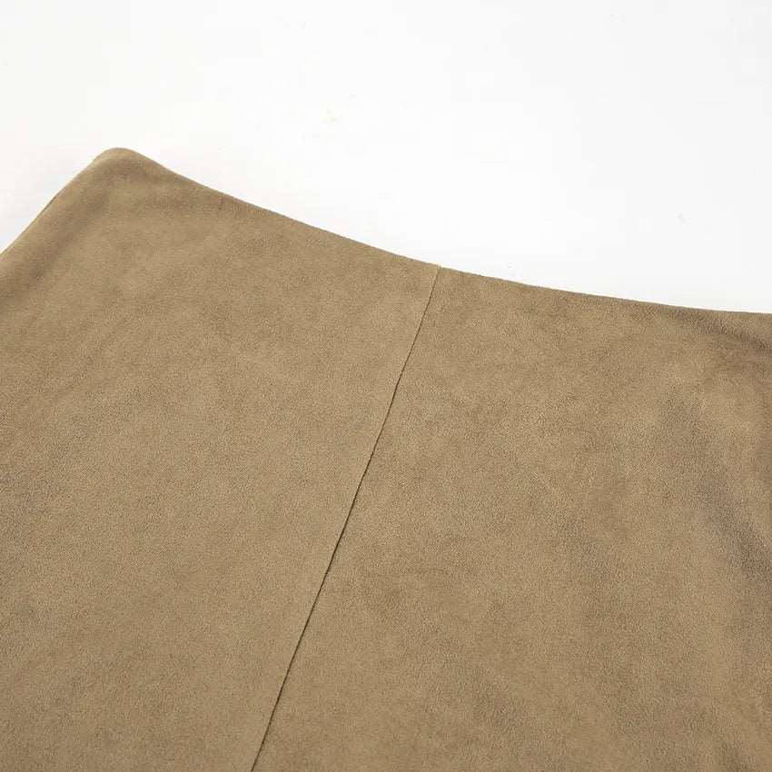 Women's Elegant Khaki High Waist Straight Long Suede Skirt - ChoreGirl