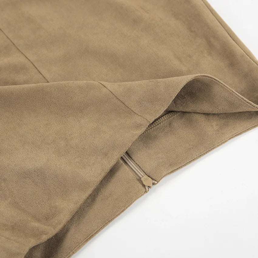 Women's Elegant Khaki High Waist Straight Long Suede Skirt - ChoreGirl