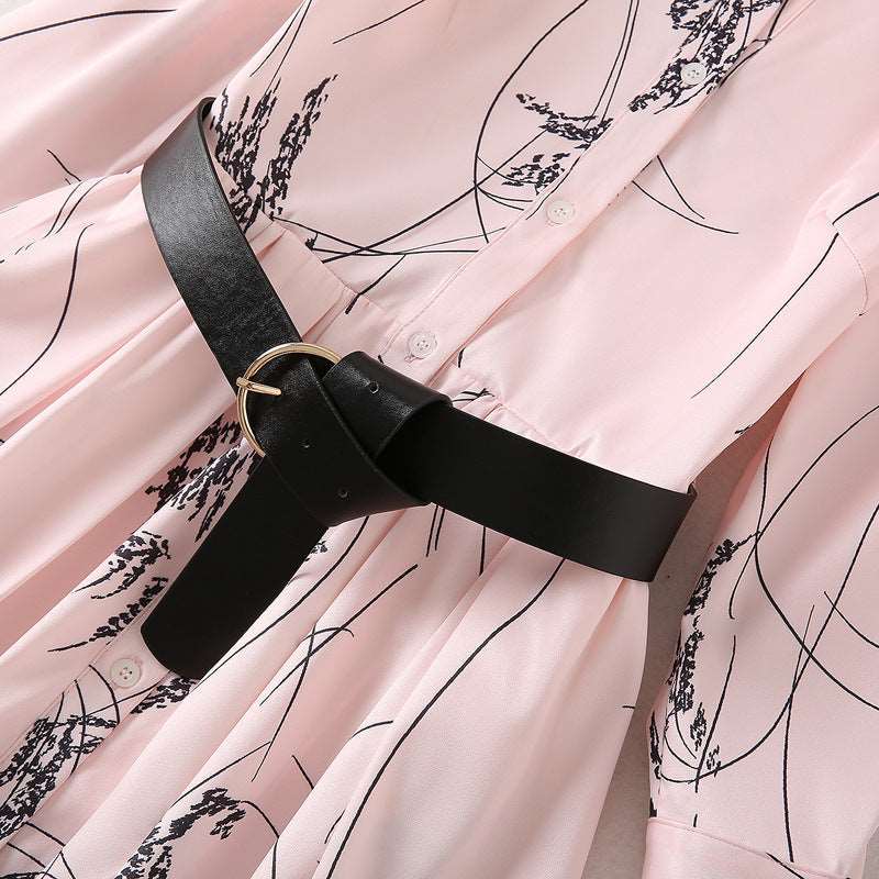 Women's Elegant Long-sleeved Large Swing Shirt Dress with Belt - ChoreGirl