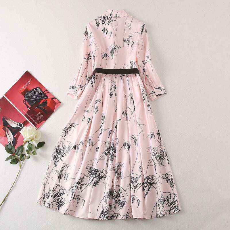 Women's Elegant Long-sleeved Large Swing Shirt Dress with Belt - ChoreGirl