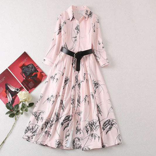 Women's Elegant Long-sleeved Large Swing Shirt Dress with Belt - ChoreGirl