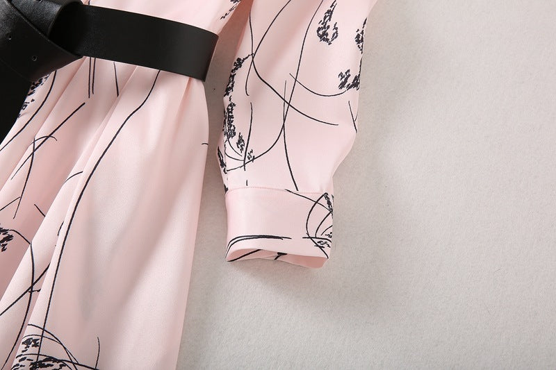Women's Elegant Long-sleeved Large Swing Shirt Dress with Belt - ChoreGirl