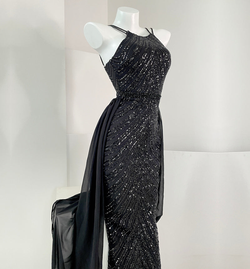Women's Elegant Long Sequin Dress with Detachable Fishtail Scarf - ChoreGirl