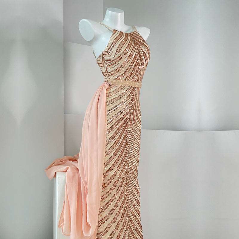 Women's Elegant Long Sequin Dress with Detachable Fishtail Scarf - ChoreGirl