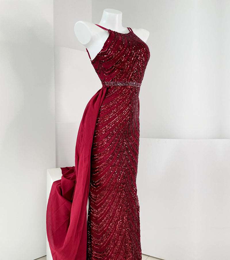 Women's Elegant Long Sequin Dress with Detachable Fishtail Scarf - ChoreGirl