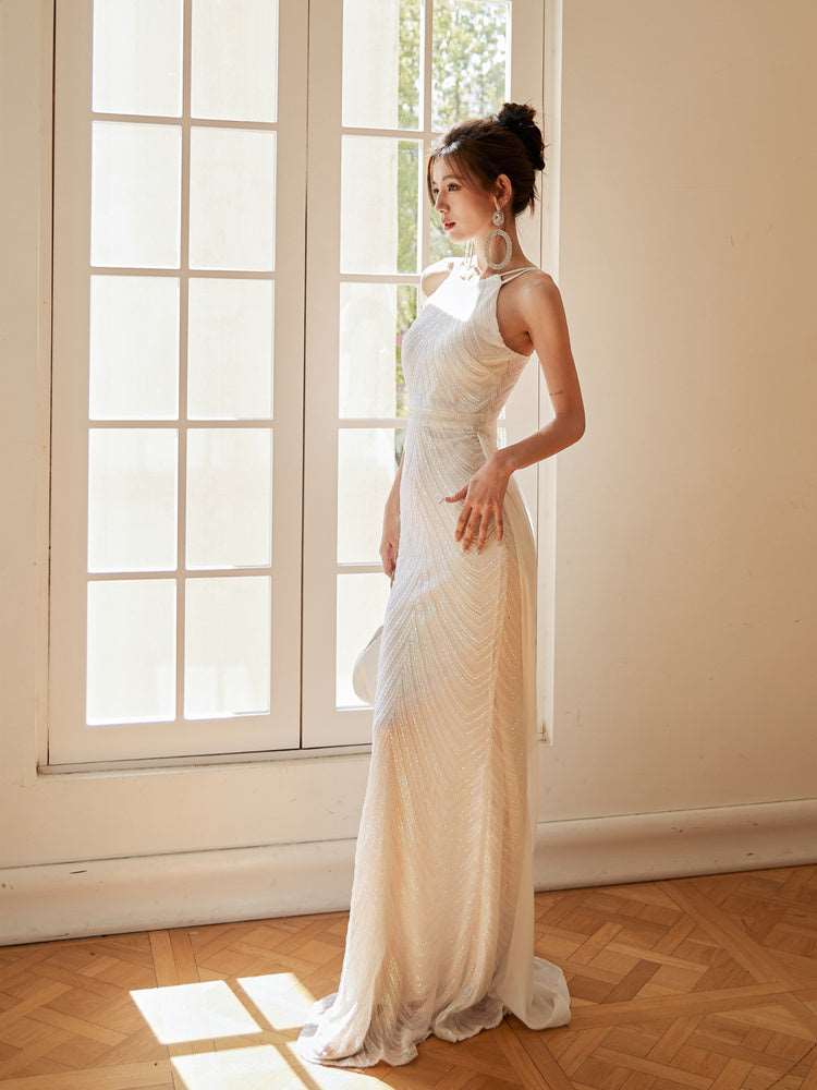 Women's Elegant Long Sequin Dress with Detachable Fishtail Scarf - ChoreGirl
