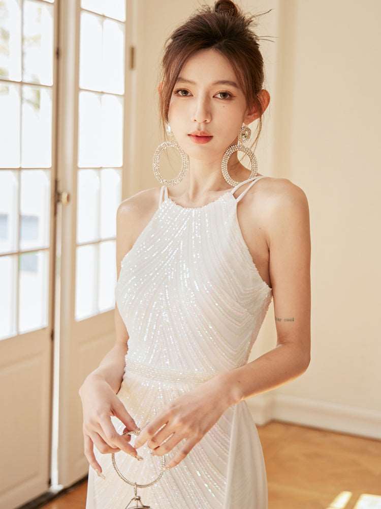 Women's Elegant Long Sequin Dress with Detachable Fishtail Scarf - ChoreGirl