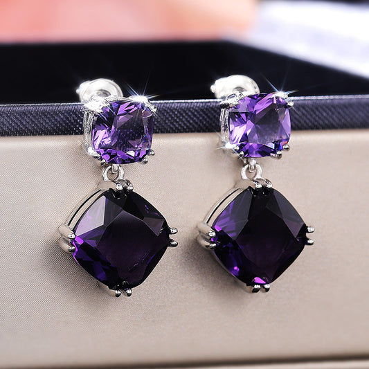 Women's Elegant Mysterious Purple Square Zircon Earrings - ChoreGirl