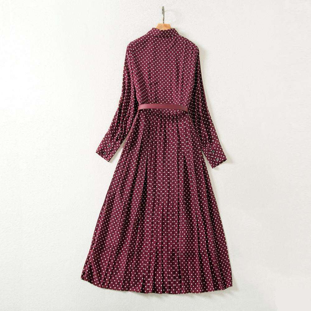 Women's Elegant Pleated Wine Red Polka Dots Retro Dress - ChoreGirl