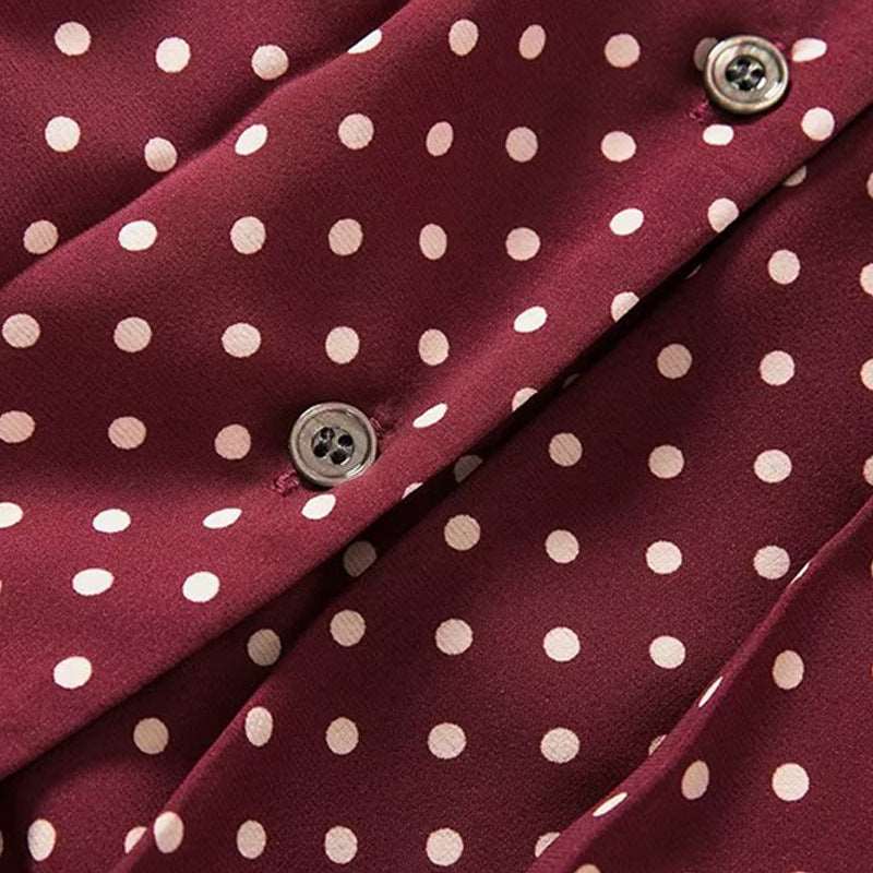 Women's Elegant Pleated Wine Red Polka Dots Retro Dress - ChoreGirl