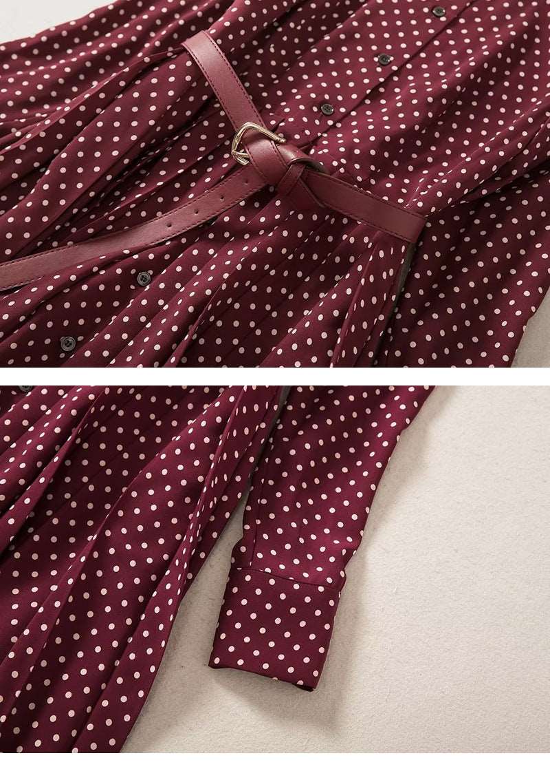 Women's Elegant Pleated Wine Red Polka Dots Retro Dress - ChoreGirl