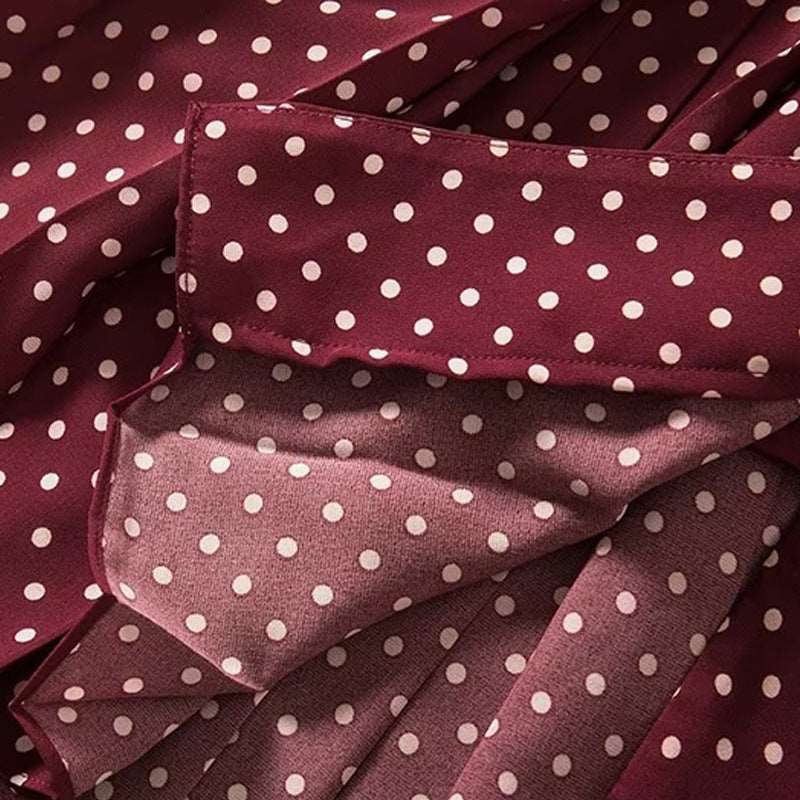 Women's Elegant Pleated Wine Red Polka Dots Retro Dress - ChoreGirl