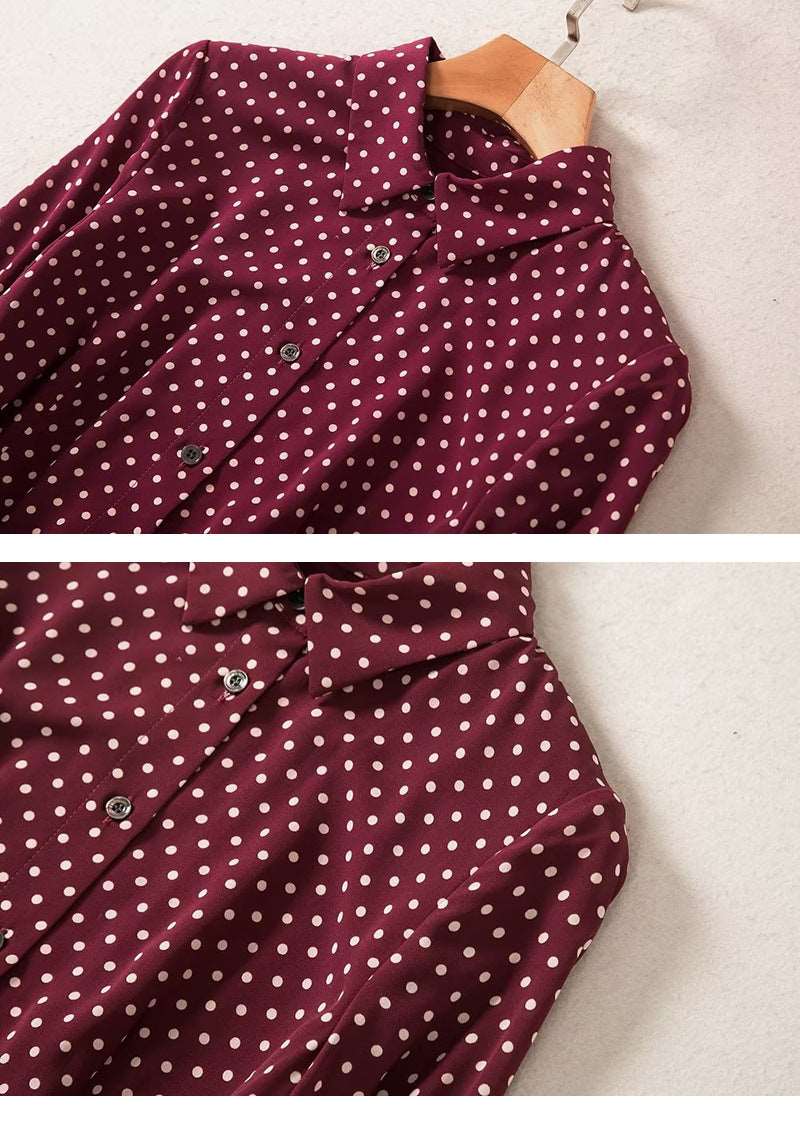Women's Elegant Pleated Wine Red Polka Dots Retro Dress - ChoreGirl
