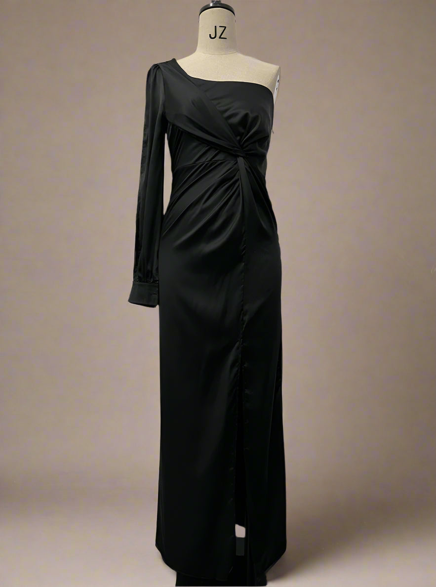 Women's Elegant Satin Slim One-shoulder Long Sleeved Split Maxi Dress - ChoreGirl
