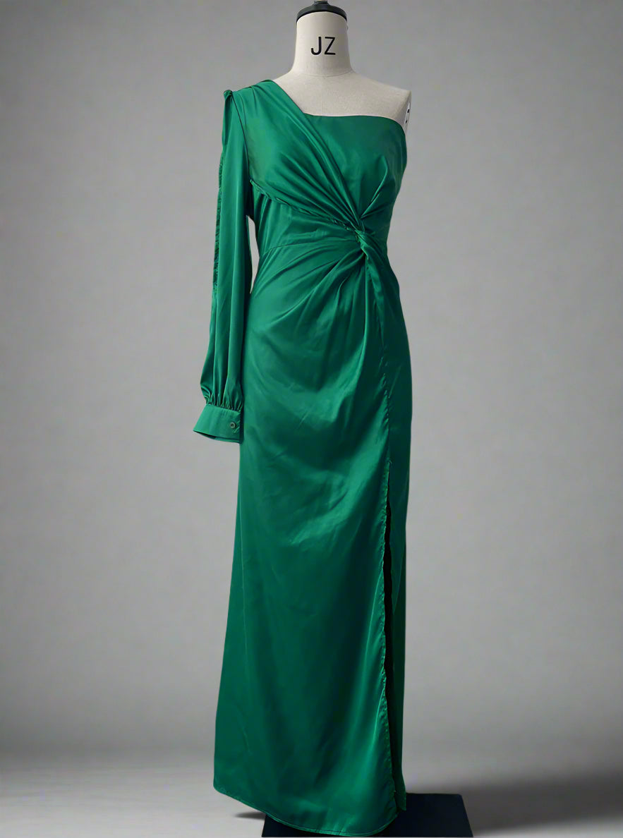 Women's Elegant Satin Slim One-shoulder Long Sleeved Split Maxi Dress - ChoreGirl