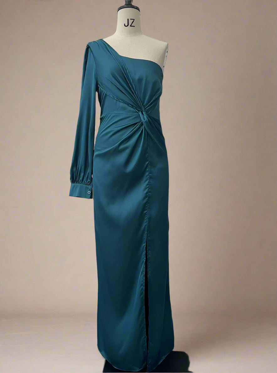 Women's Elegant Satin Slim One-shoulder Long Sleeved Split Maxi Dress - ChoreGirl