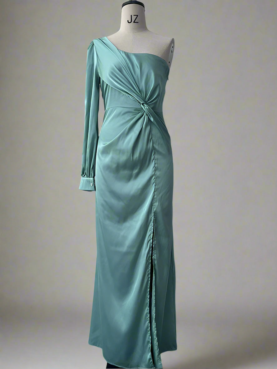 Women's Elegant Satin Slim One-shoulder Long Sleeved Split Maxi Dress - ChoreGirl