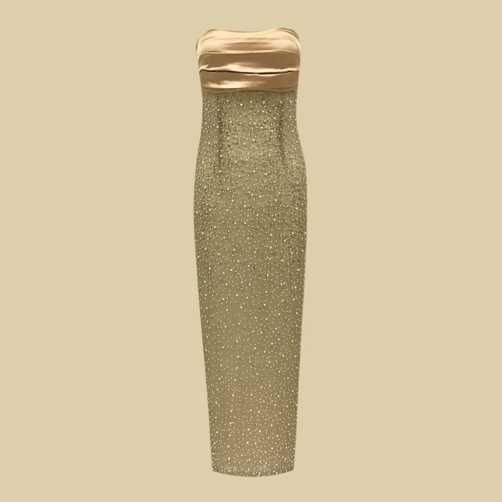 Women's Elegant Sequins and Beads Light Luxury Sleeveless Tube Dress with Slit - ChoreGirl