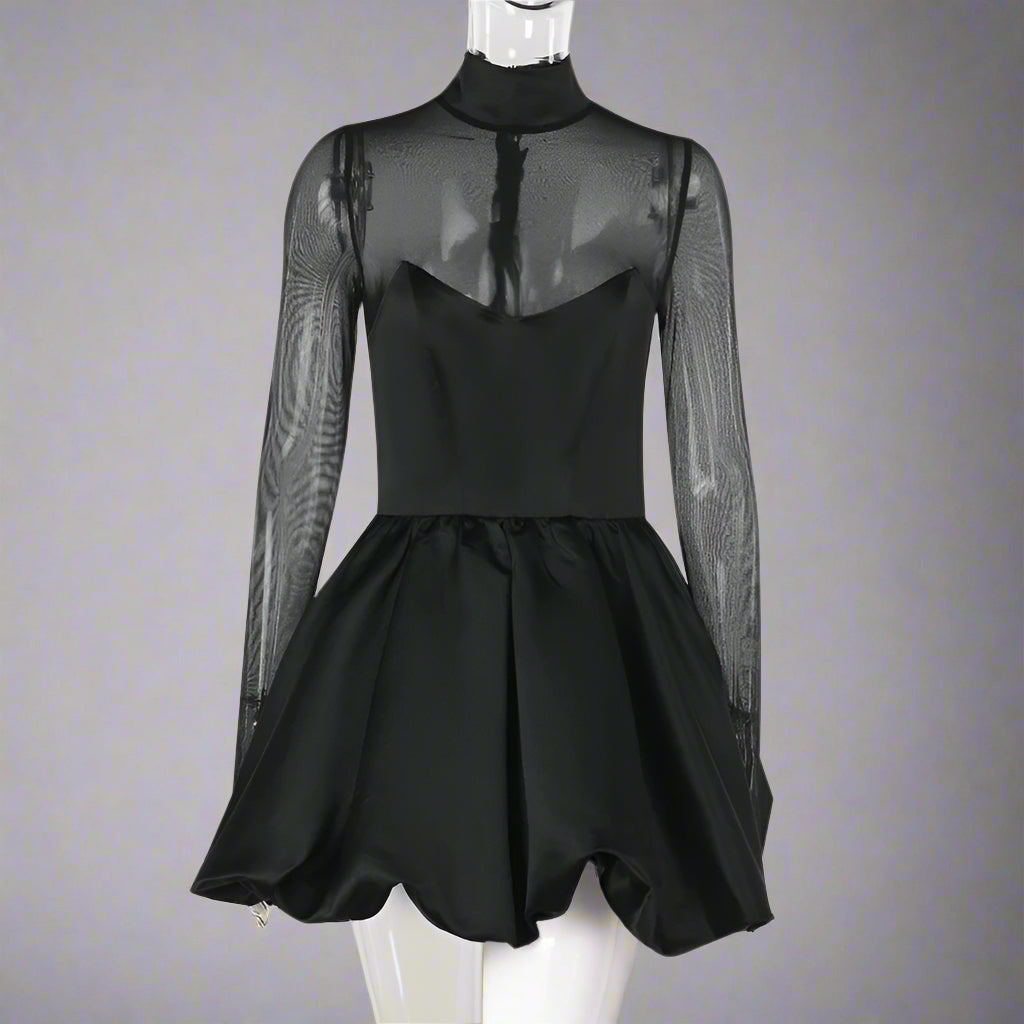 Women's Elegant Slim Fit Mesh Sleeves and Bubble Hem Sexy Dress - ChoreGirl