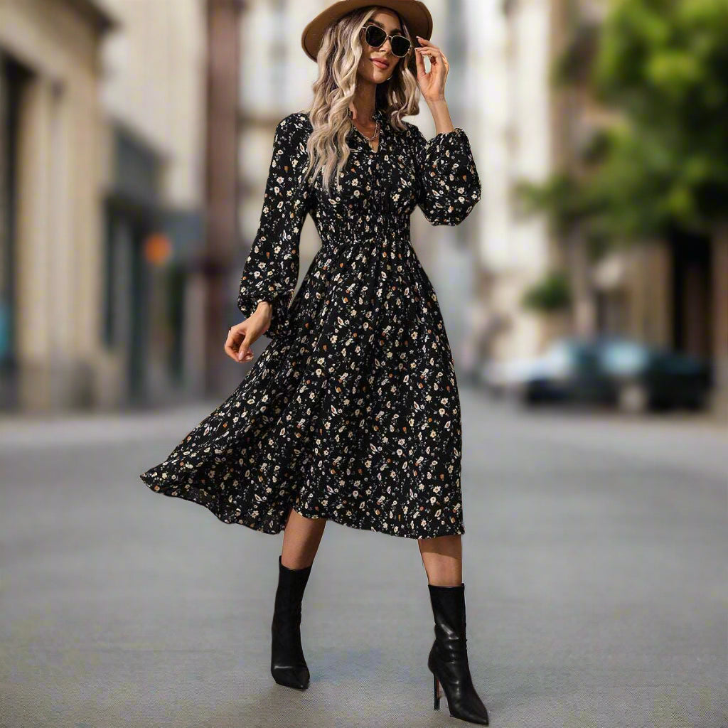 Women's Elegant Small V-neck Long Sleeve Dress with Floral Print - ChoreGirl
