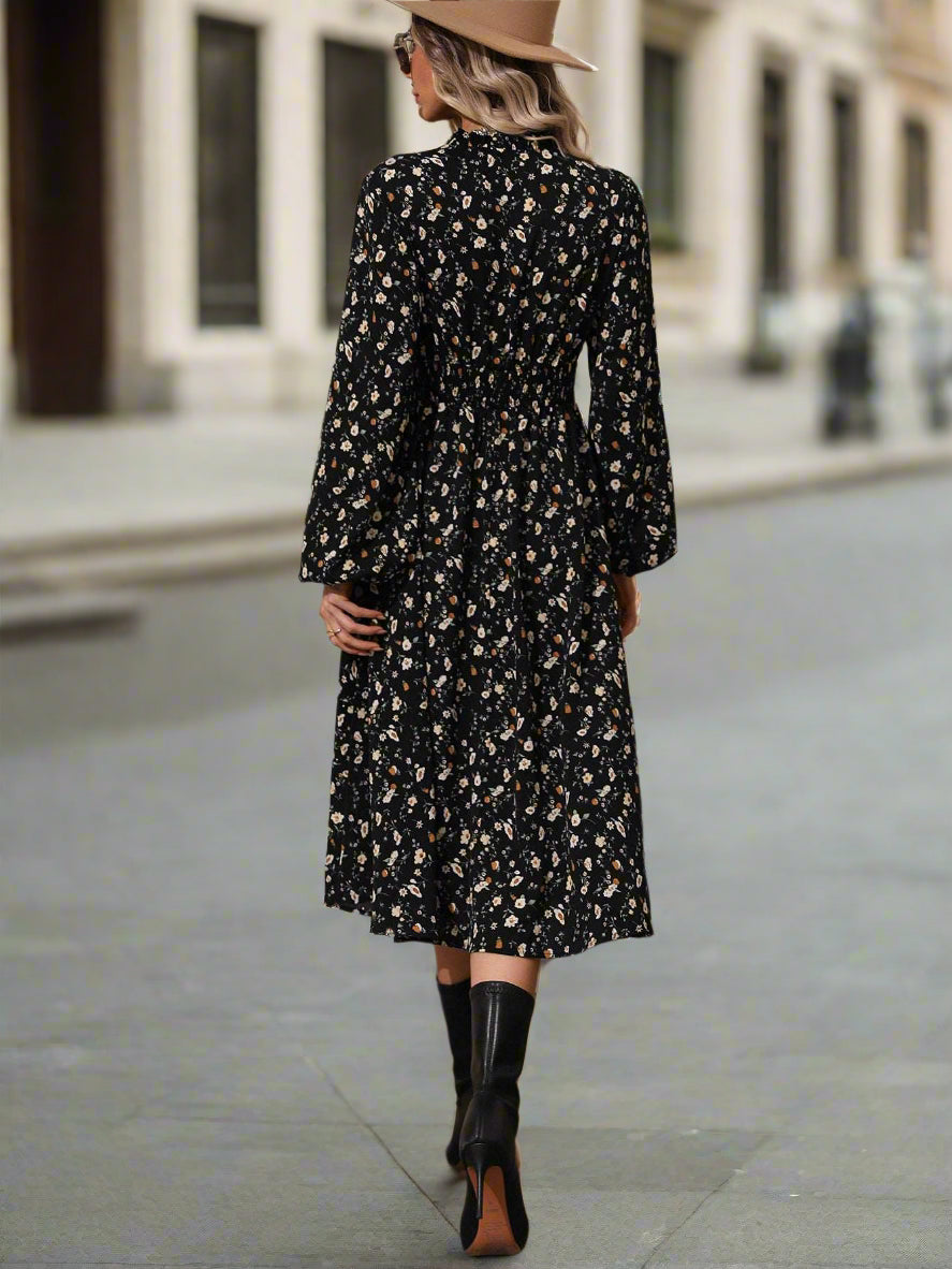 Women's Elegant Small V-neck Long Sleeve Dress with Floral Print - ChoreGirl