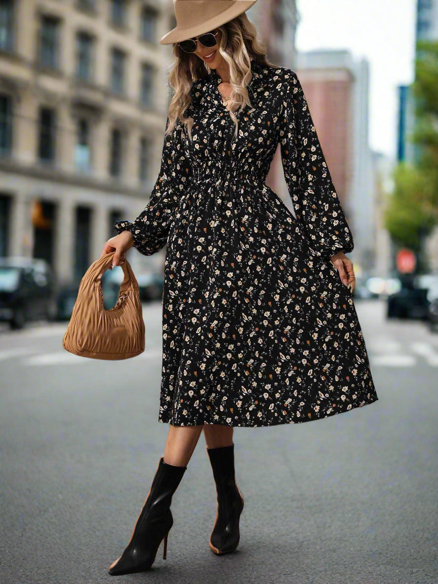 Women's Elegant Small V-neck Long Sleeve Dress with Floral Print - ChoreGirl