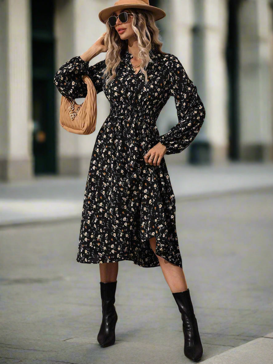Women's Elegant Small V-neck Long Sleeve Dress with Floral Print - ChoreGirl
