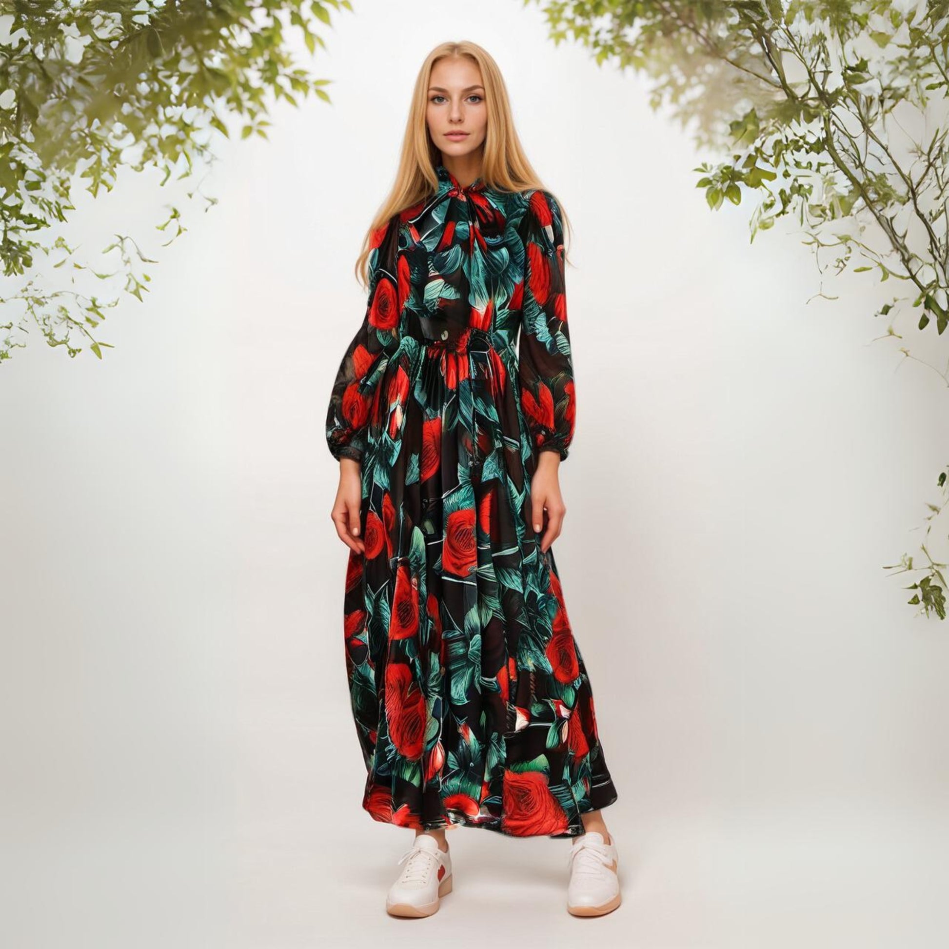 Women's Elegant Tie-neck Big Swing Chiffon Dress - ChoreGirl