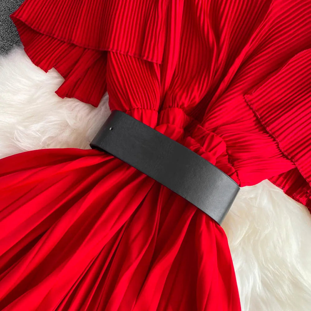 Women's Elegant V-neck Pleated A-line Swing Dress - ChoreGirl